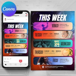 May include: A digital flyer for a church event, displayed on a smartphone and a printout. The design features a gradient background with the text "THIS WEEK" and event details for each day, including dates, times, and event names.