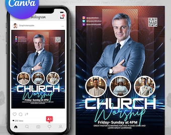 May include: A digital graphic for a church worship event, displayed on a smartphone and a flyer. The design features a man in a suit, the words "CHURCH Worship", and event details. The Instagram post shows 250 likes and a Canva logo.