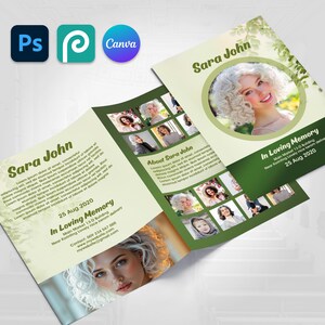May include: A tri-fold memorial brochure with a light green and white design. The brochure features a portrait of a woman, the name "Sara John", and the text "In Loving Memory". The design includes a collage of photos.