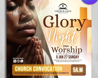 Könnte beinhalten: Werbegrafik mit einer betenden Frau, überlagert mit Text. Der Text enthält "Glory Night Worship", "Church Logo" und Veranstaltungsdetails. Das Farbschema ist warm, mit Braun- und Goldtönen, und eine Kreuzgrafik.