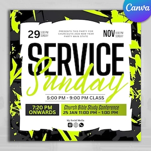 Puede incluir: Un folleto promocional para un evento de la iglesia. El diseño presenta un fondo abstracto en negro y verde neón. Las palabras "SERVICE Sunday" se muestran de forma destacada, junto con los detalles del evento, incluyendo la fecha, hora y lugar. El logo de Canva es visible.