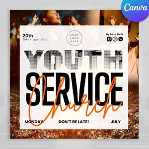 Puede incluir: Un folleto promocional para un servicio religioso juvenil. El diseño presenta las palabras "YOUTH SERVICE CHURCH" en fuentes grandes y en negrita, con texto adicional, incluida la fecha, "Lunes" y "¡No llegues tarde!" El fondo incluye imágenes de personas.