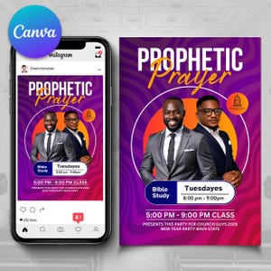 Puede incluir: Gráfico promocional para un evento de Oración Profética, con dos hombres con traje. El diseño incluye el texto "Oración Profética" en una fuente estilizada, con detalles del evento como "Estudio Bíblico" y horarios de clase. El fondo es un degradado púrpura y naranja.