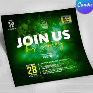 May include: A promotional flyer with a green and black gradient background. The words "JOIN US This Saturday" are in white and yellow. The flyer includes the date "DECEMBER 28 2026" and social media icons.