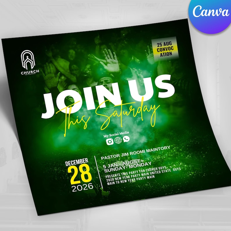 May include: A promotional flyer with a green and black gradient background. The words "JOIN US This Saturday" are in white and yellow. The flyer includes the date "DECEMBER 28 2026" and social media icons.