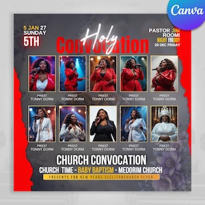 May include: A promotional flyer for a church convocation event. The design features a collage of photos of women in formal attire, holding microphones. Text includes event details, date, time, and the Canva logo.