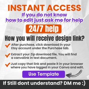 May include: An image with text that reads "INSTANT ACCESS" and "24/7 help". Instructions are provided on how to receive a design link after purchase. A purple button says "Use Template". The background is a blurred image of a building.