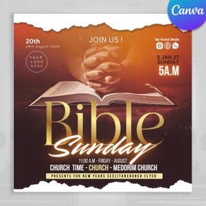 Puede incluir: Un folleto promocional para el Domingo de la Biblia, con un título dorado sobre un libro abierto. El fondo transiciona de naranja a marrón, con el texto "JOIN US!" y detalles del evento, incluyendo la fecha, hora e información de la iglesia.