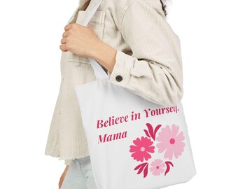 Inspirational Flower Canvas Tote Bag, Eco-Friendly Mom Gift, Mother's Day Shopping Bag, Stylish Daily Use, Mothers Day Gift, 5-Color Straps