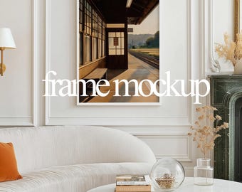 Framed Art Mockup – Classic Interior, Fireplace Scene (PSD Template)