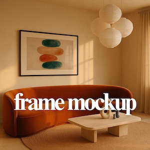 May include: A modern living room setup featuring an orange curved sofa, a light wood coffee table, and a round rug. A framed artwork with abstract shapes hangs on the wall. The text "frame mockup" is overlaid on the image.