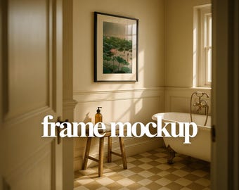 Vertical Wall Art Mockup in Vintage Bathroom, Framed Poster PSD Template, Elegant Scene for Artwork Display, Natural Light Setting
