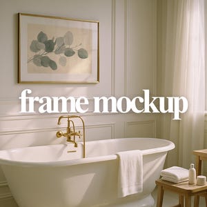 Horizontal Wall Art Mockup in Elegant White Bathroom, Gold Frame PSD Template for Prints, Framed Artwork Display Scene