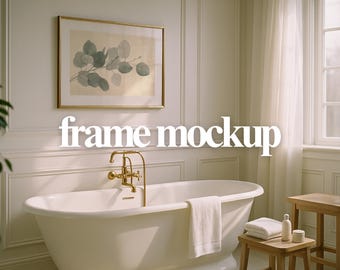 Horizontal Wall Art Mockup in Elegant White Bathroom, Gold Frame PSD Template for Prints, Framed Artwork Display Scene