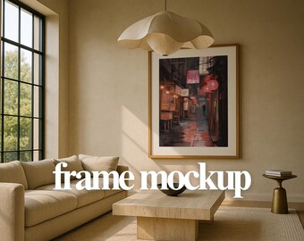 Earth-Toned Living Room Art Mockup – Vertical Frame PSD (Digital Download)