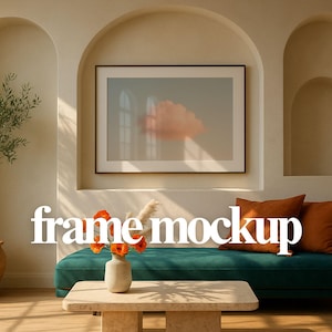 May include: A living room scene with a framed artwork, a teal sofa, and orange throw pillows. A small table holds a vase of orange flowers. The text "frame mockup" is displayed in white across the image.