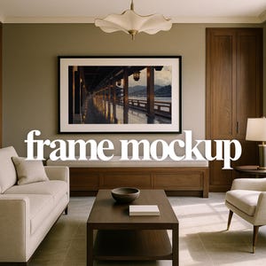Contemporary Neutral Living Room Wall Art Mockup – Horizontal PSD Frame, Minimalist Poster Display for Interior Artists