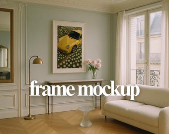 May include: A framed print showing a yellow sports car amidst white flowers. The room is decorated in light tones, with a white sofa, a marble-topped table, and a gold floor lamp. The text "frame mockup" is visible.