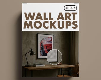 May include: A mockup of a framed wall art print featuring a red sports car. The image is displayed on a wooden desk with a black desk lamp and a chair. The text "WALL ART MOCKUPS" is displayed above the image.
