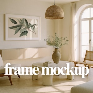 Horizontal PSD Frame Mockup in Minimal Neutral Living Room | Digital Wall Art Poster Mockup for Prints and Artwork | White Wood Frame