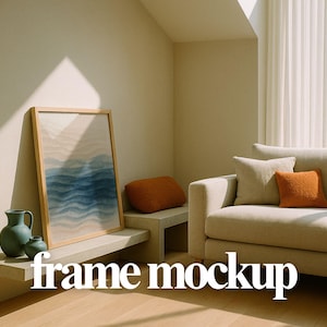 Wall Art Mockup PSD – Vertical Framed Print on Floating Shelf, Scandinavian Living Room Scene, Digital Poster Mockup for Artists