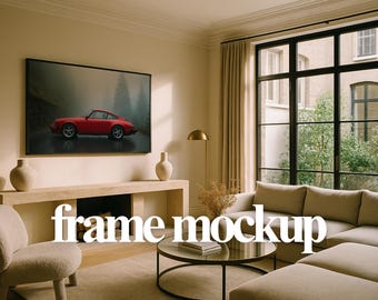 Horizontal Wall Art Frame Mockup, Modern Living Room (PSD)