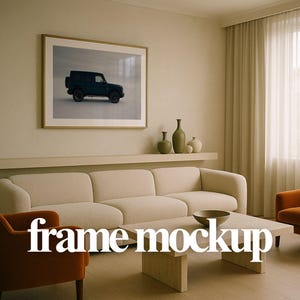 Wall Art Mockup PSD – Horizontal Framed Print Above Neutral Sofa in Cream Living Room, Modern Interior Scene for Digital Poster Display