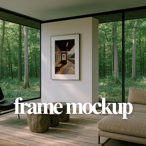 Modern Forest View Living Room Wall Art Mockup – Vertical Frame PSD, Minimal Nature Interior, Digital Poster Display