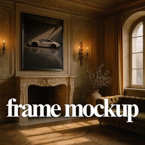 Puede incluir: Maqueta de marco en un entorno de habitación lujosa. La imagen presenta un coche deportivo blanco sobre un fondo negro, encima de una chimenea. La habitación tiene un diseño clásico con detalles ornamentados, apliques y un sofá. Se muestra el texto "frame mockup".