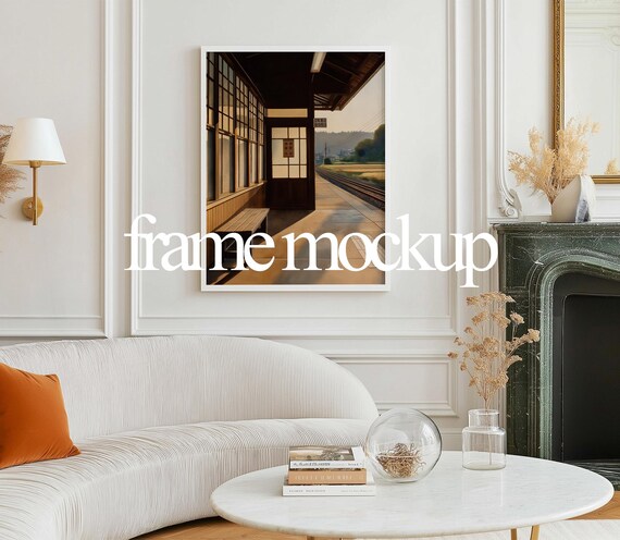 Framed Art Mockup – Classic Interior, Fireplace Scene (PSD Template)