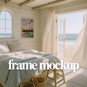 May include: A bright bedroom with a bed, pillows, and a framed picture of a pool scene. The room has white walls, a window, and a door leading to a beach. The text "frame mockup" is displayed on the bed.