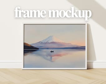 Minimal Wall Art Mockup – PSD Frame Template with White Frame and Light Wooden Floor