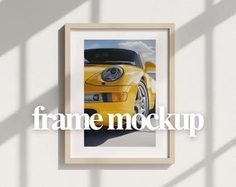 Vertical Wall Art Mockup – PSD Template with Light Wood Frame and Window Shadow