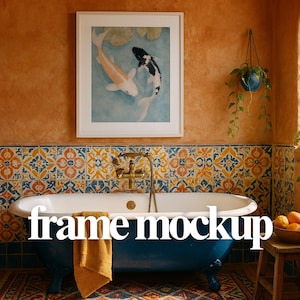 May include: A bathroom interior with a blue clawfoot bathtub, a framed koi fish print, and patterned tiles. The walls are orange, and there's a wooden stool with a bowl of oranges. The image includes the text "frame mockup".