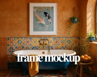 Rustic Bathroom Wall Art Mockup PSD – Framed Print Display with Colorful Tiles, Vertical Poster Template