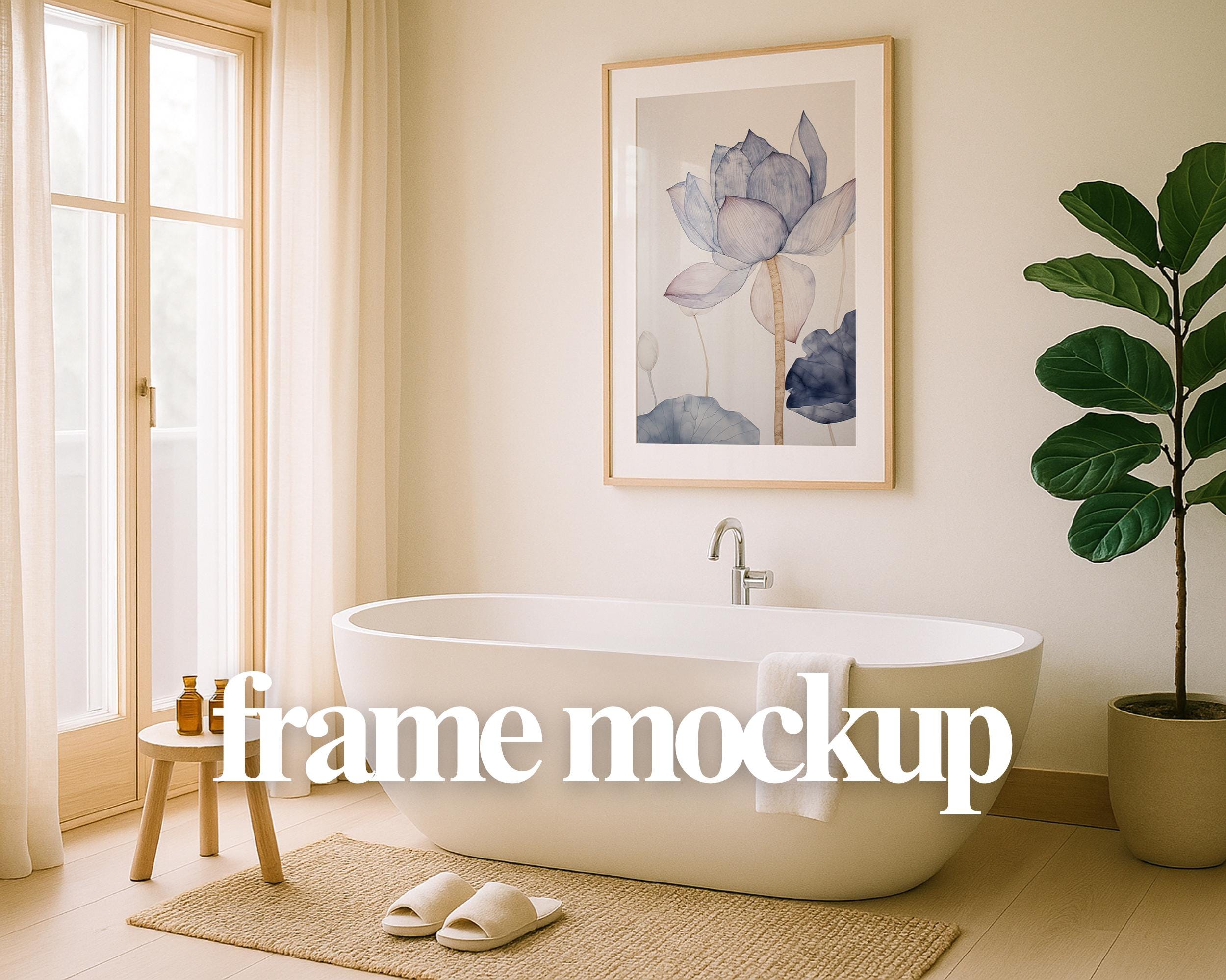 Vertical Frame Wall Art Mockup PSD – Minimal Bathroom Scene, Framed Print Template for Posters and Artwork