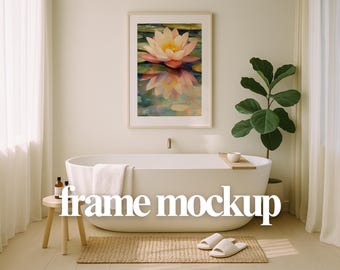 Modern Bathroom Wall Art Mockup – Vertical Framed Print PSD Template, Neutral Minimal Decor, Digital Download for Poster Display