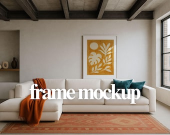 Mockup verticale muurkunst, minimale woonkamer, witte lijst (PSD)