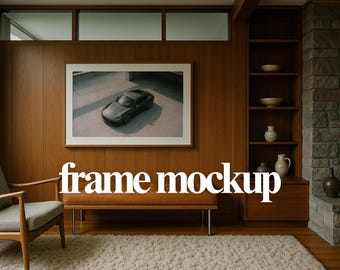 Mid-Century Living Room Wall Art Mockup – Horizontal PSD Frame, Digital Print Display, Retro Interior