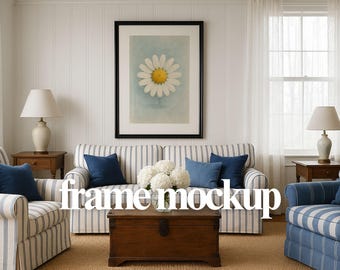 Coastal Living Room Frame Mockup PSD | Nautical Cottage Interior (Digital Download)