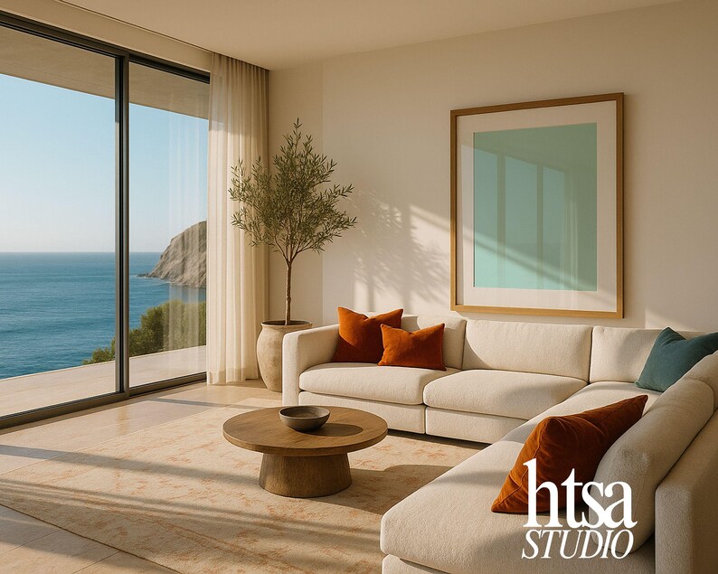 Coastal Living Room Wall Art Mockup Framed Print PSD for Digital