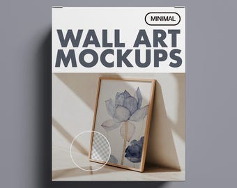 May include: A framed wall art mockup featuring a watercolor painting of a blue lotus flower. The frame is light brown, and the artwork is displayed against a neutral background. The text "WALL ART MOCKUPS" is displayed above the frame.