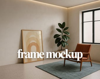 Minimalistische houten lijstmodel: neutrale kamer, digitale prints (PSD)