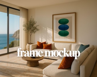 Coastal Living Room Art Mockup – PSD ingelijste print (digitale download)