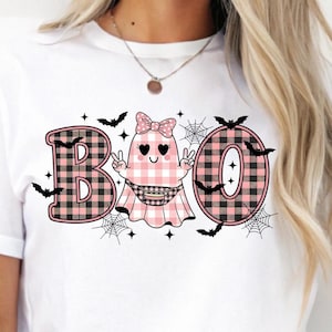 Cute Boo Ghost Coquette Png, Girl Halloween Shirt Design, Checkered Boo Ghost Halloween Png, Coquette Bow Ghost Png, Cute Pink Ghost Png
