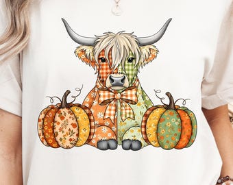 preppy fall highland cow pumpkin patch png, Fall Highland Cow Png, Western Fall Png, Fall Pumpkin Png, Cozy Fall Patchwork Highland Png