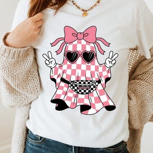 Cute Boo Ghost Coquette Png, Girl Halloween Shirt Design, Checkered Boo Ghost Halloween Png, Coquette Bow Ghost Png, Cute Pink Ghost Png .