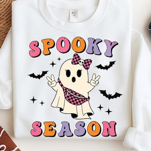 Spooky Season Ghost Png , Cute Pink Ghost Png , Halloween cute coquette bow checkered spooky Season Png , Girl Halloween Shirt Design