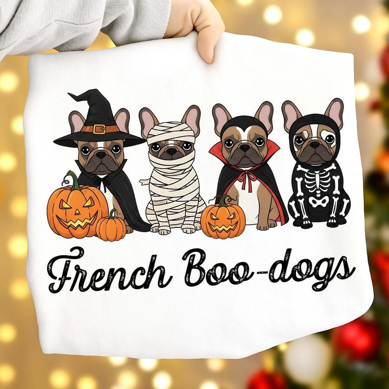 May include: White Halloween-themed graphic featuring four French Bulldogs in costumes: a witch, mummy, vampire, and skeleton. Each dog is next to a carved pumpkin. The text "French Boo-dogs" is below the dogs.