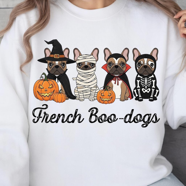 May include: White sweatshirt featuring four French Bulldogs dressed in Halloween costumes. The dogs are depicted as a witch, mummy, vampire, and skeleton, each with a pumpkin. The text "French Boo-dogs" is printed below the dogs.